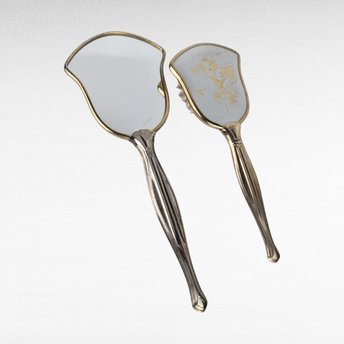 Vintage Gold and Blue Floral Mirror and Brush Set, Art Nouveau Style, Gift for Her, Boudoir Decor