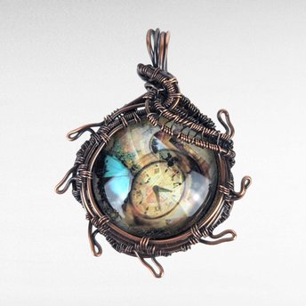 Handcrafted Copper Wire Wrapped Pendant | Clock Collage | Picture Cabochon | Earth Tones | Unique Gift | Vintage Style