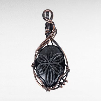 Handcrafted Black Onyx Pendant | Copper Wire Wrapped | Carved Flower Design | 2.25" | Unique Gift