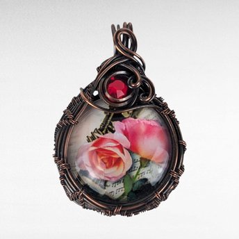 Handmade Copper Wire Wrapped Rose Necklace | Pink Rose Cabochon Pendant | Red Glass Bead Accent |  Gift for Her