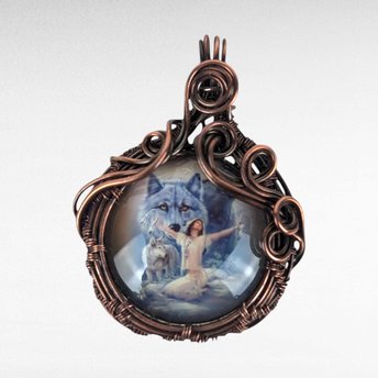 Copper wire wrapped picture cabochon depicting a female with our stretched arms with wolves behind her