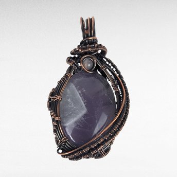Copper Wire Wrapped Amethyst Pendant | Handmade Crystal Jewelry | Antiqued Copper & Glass Accent | 2" | Gift for Her