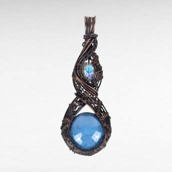 Artisan Copper Wire Wrapped Pendant, Czech Glass Cabochon, Unique Jewelry Gift
