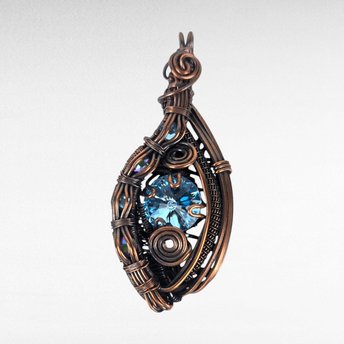 Handmade Copper Wire Wrapped Pendant with Blue Crystal, Blue Rivoli Crystal Jewelry, Artisan Pendant, Statement Pendant, Gift for Her