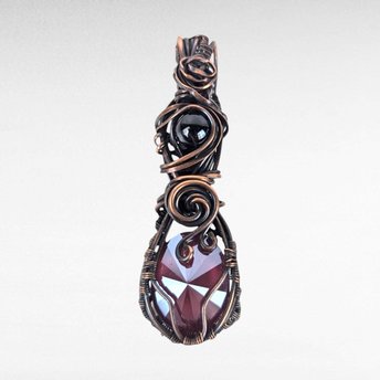 Handmade Copper Wire Wrapped Pendant with Purple Crystal and Black Bead, Artisan Pendant, Gothic Jewelry, Statement Pendant, Gift for Her