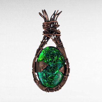 Handmade Copper Wire-Wrapped Imitation Opal Pendant | Unique Artisan Jewelry
