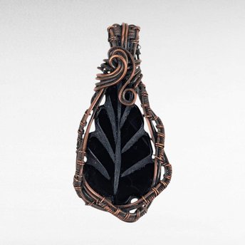Handmade Copper Wire Wrapped Leaf Shaped Black Onyx Pendant | Unique Artisan Jewelry | Boho Gift