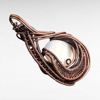 Handmade Copper Wire Wrapped Pendant with White Shell Cabochon 