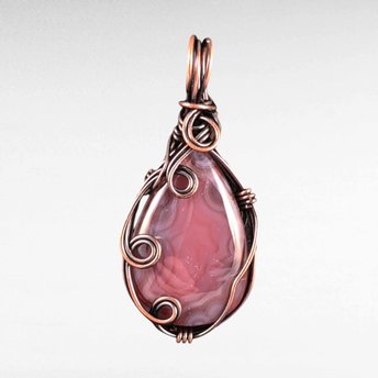 Handmade Copper Wire Wrapped Agate Pendant - Dark Pink, 2" - Antiqued Finish, No Chain