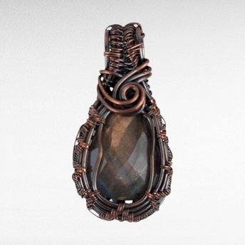 Handmade Copper Wire Wrapped Labradorite Pendant | Checker Cut | 1 3/4" | Antiqued Finish | No Chain