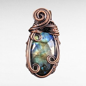 Handmade Copper Wire Wrapped Labradorite Pendant | Checker Cut Gemstone |  Boho Jewelry | Unique Gift for Women |  Antiqued Copper