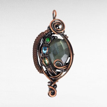 Handmade Copper Wire Wrapped Checkered Labradorite Pendant with Crystals, Unique Crystal Jewelry, Gift Idea