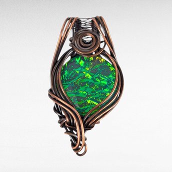 Handmade Copper Wire Wrapped Immitation Opal Green Glass Pendant, Unique Artisan Jewelry