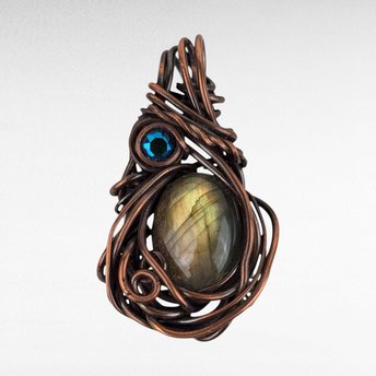 Handmade Copper Wire Wrapped Labradorite Pendant with Crystal Accent, Unique Gemstone Jewelry, Mystical Gift Idea