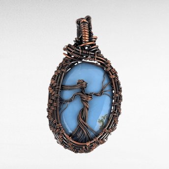 Handmade Copper Wire Wrapped Blue Opal Pendant with Female Figure, Oxidized Finish