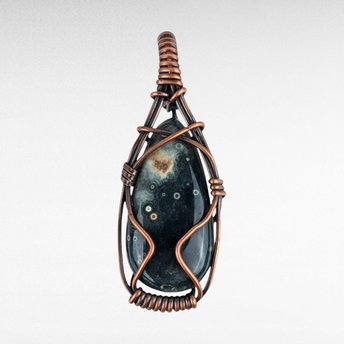 Ocean Jasper Pendant, Copper Wire Wrapped Pendant, Antiqued Copper Jewelry, Handmade Pendant, Green Blue Pendant