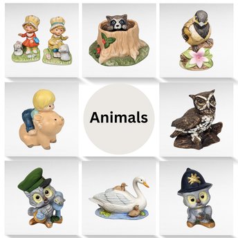 Vintage Ceramic Animal Figurine Lot | Homco Owls, Enesco Country Cousins, Franklin Mint Raccoon, Andrea Chickadee | 10 Piece Collection