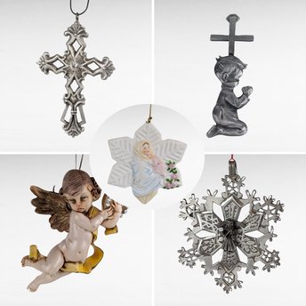 Vintage Christmas Angel Lot, Madonna Ornament, Cherub, Pewter Snowflake, Praying Boy, Crystal Pewter Cross, Holiday Decor
