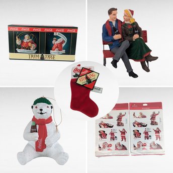 Vintage Coca Cola Christmas Lot: Hallmark Stickers, Stocking, Figurine, Ornaments - Holiday Collectibles