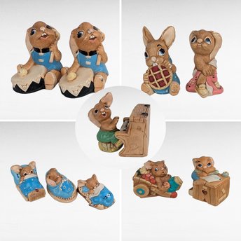 Vintage Pendelfin Figurine Set, 11 Piece Hand Painted Stone Craft Rabbits, 1956, Made in England, Gift for Collector, Nursery Decor