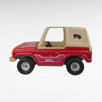 Vintage Red Metal Tonka Might Adventure Jeep with Stickers,