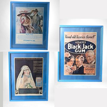 Set of 3 Vintage Framed Ad Prints, Black Jack Gum, Maxwell House Coffee, Postum Beverage,