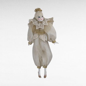 Vintage Cream and Gold Harlequin Doll, Porcelain Head and Limbs, 14 Inch Collectible Doll, Unique Gift for Doll Collectors