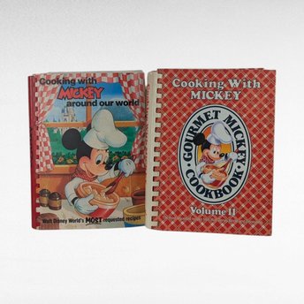 Cooking with Mickey Cookbook Pair, Around Our World and Volume 2, Disney Recipe Books, Softcover & Hardcover