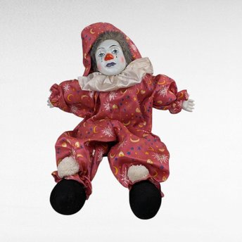 Vintage 18" Porcelain Clown Doll with Moon & Sun Outfit, Hand-Painted Face, Made in China, Decorative Collectible