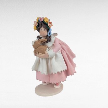 Vintage Handmade Clay Girl with Bunny Figurine.