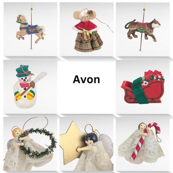 Vintage Avon Christmas Ornament Collection - 8 Piece Set, Snowman, Santa, Angels, Carousel, Sleigh - Holiday Deco