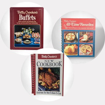 Vintage Betty Crocker Cookbook Trio, 1984 Buffets, 1974 All Time Favorites, 1996 New Cookbook, Collectible Recipes
