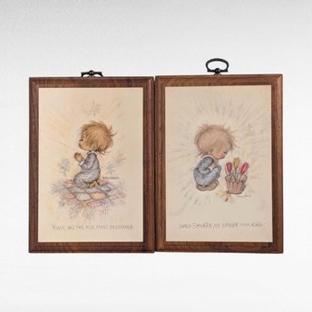 1971 Betsey Clark "Blessings" & "Flowers" Wooden Plaques, Vintage Children's Art, Inspirational Wall Decor, Gift Set