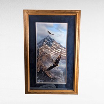 Vintage Framed "On Freedom's Wing" Kelley Print, Eagles & Mountain Landscape, Signed Art, Large Wall Decor