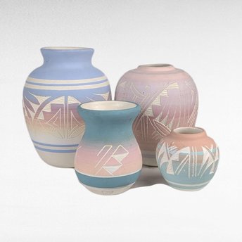 Set of 4 Vintage Signed Navajo Pottery Vases, Hand-Etched Native American Vases, Pastel Pottery, Desert Decor, Southwestern Art