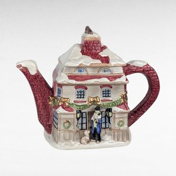 1997 Fitz and Floyd Dickens Ceramic Teapot, Christmas Carol House with Tiny Tim, Holiday Tea Service, Decorative Collectible Teapot