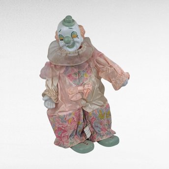 Vintage Wind-Up Musical Clown Doll, 12 Inch Pink Outfit, Collectible Toy, Playful Decor, Nostalgic Gift