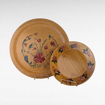 Pair of Vintage Handpainted Wooden Plates, Floral Design, Signed Wall Decor, Rustic Kitchen Display