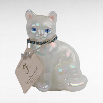 Vintage Signed Fenton December Opalecent Cat Figurine Blue Zircon Collar Collectible Glass Animal Lover Gift