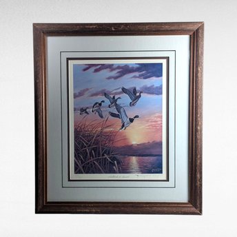Vintage "Mallards at Sunset" Signed & Numbered Print by Rhynard Klingbeil, Framed Wildlife Art, Duck Decor, Nature Gift