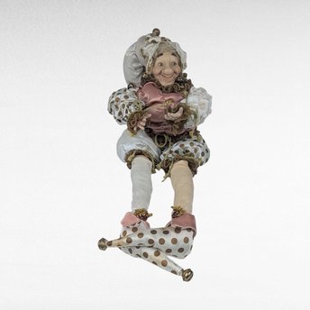 Vintage Pink Gold White Jester Doll, Large Sitting Harlequin Figure, Unique Decor Clown