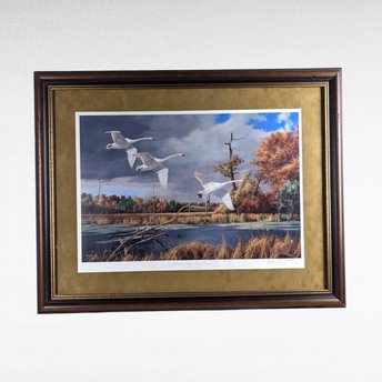David A. Maass "Autumn at Baker - Trumpeter Swans" Framed Print, Signed Wildlife Art, Vintage Bird Decor, Swan Landscape Painting