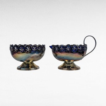 Vintage English Silverplated Blue Glass Creamer Sugar Bowl Set Celtic Design Tableware Gift for Hostess