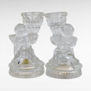 Vintage K's Collection Cherub Candle Holders, Clear Glass Angel Candlestick Pair, 4" Taper Candle Holders, Home Decor