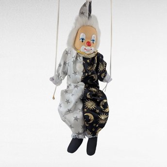 Vintage Moon and Stars Clown Doll, Black White Porcelain Swing Figure, Celestial Circus Decor, Collectible