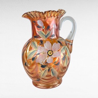 Vintage Fenton Draped Marigold Pitcher, Carnival Glass Style, Hand-Painted Floral Pitcher, 9.5" Height, Gift for Collectors