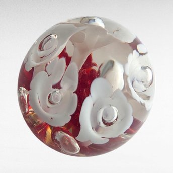 Vintage Clear Glass Paperweight, Red Base with White Flowers, 3" Round, Floral Desk Decor, Collector Gift, Art Glass