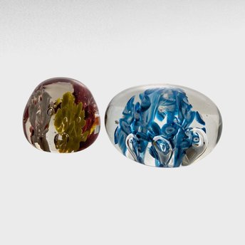 Pair of Vintage Glass Paperweights, Blue & Multicolored, Art Glass Desk Decor, Collector Set, Office Accessories