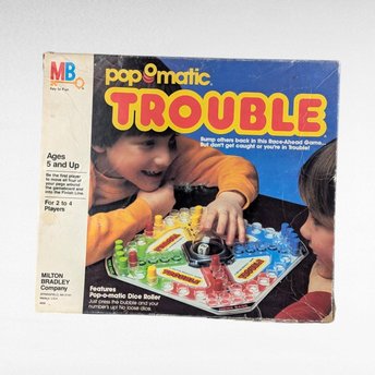 Vintage 1986 Pop O Matic Trouble Game, Milton Bradley Family Board Game, Classic Dice Popping Game