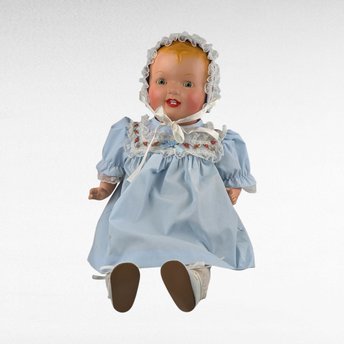 Blonde Baby Doll in Blue Dress and Bonnet, Large Vintage Doll with Moving Eyes and Sound